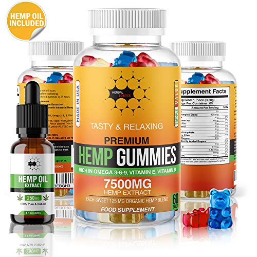 Book Cover Herbal Science Premium Hemp Gummies: 7500mg Natural Hemp Extract Candy Supplement for Pain, Anxiety, Sleep, Stress, Memory, Mood - 60 Fruity Gummy Bears and 250mg Hemp Oil Extract Drops