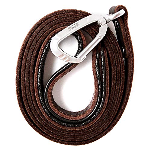 Book Cover Mighty Paw Leather Dog Leash | 6 Ft Leash. Super Soft Padded Handle Leather Lead with Extra D-Ring for Waste Bags. Strong Climbers Clip, Perfect Medium and Large Dog Leash. (Brown)