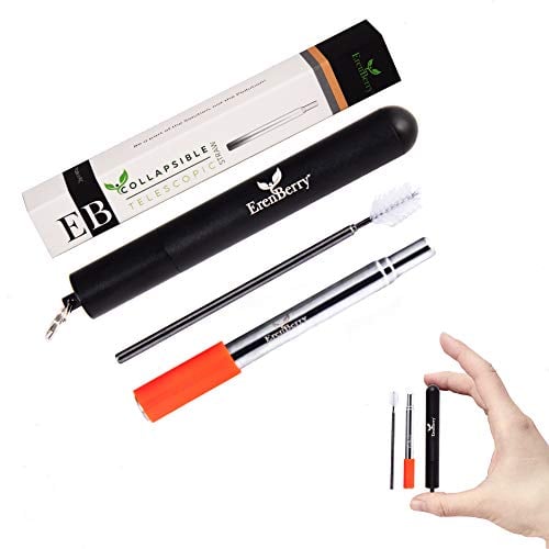 Book Cover Collapsible Telescopic Stainless Steel Straw - Reusable Metal Straw with Case, Keyring, Cleaning Brush and Silicon Tip in a Giftable Box - Black Case
