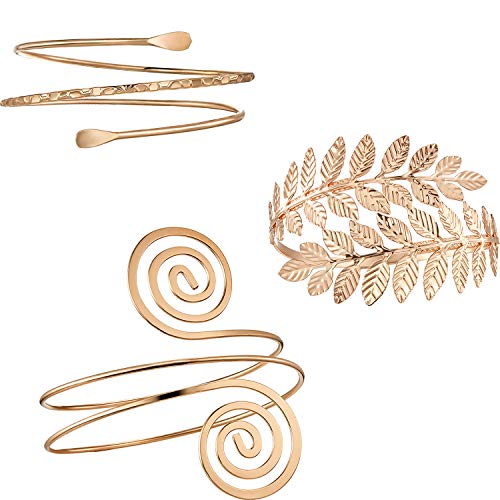Book Cover Hicarer 3 Pieces Upper Arm Bracelet Gold Metal Coil Swirl Leaf Armband Cuff Stylish Arm Bangle Armlet Adjustable for Women Girls Greek Goddess Accessories, Metal