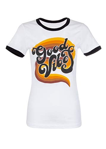 Book Cover Womens White and Black Good Vibes Retro Vintage Seventies Ringer Tee T-Shirt
