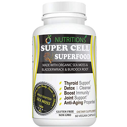 Book Cover Super Cell Superfood Made with Organic Irish Sea Moss, Bladderwrack and Burdock Root, Wildcrafted Sea Moss Capsules, Vegan, Non-GMO,Seamoss Pill (1 Pack Super Cell Superfood)