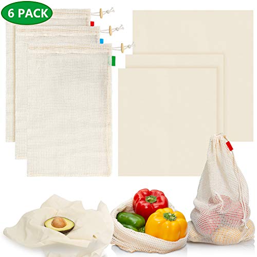 Book Cover Beeswax Wrap 3 Pack and 3 Pack Reusable Produce Bags, FIRPOW Eco Friendly Reusable Beeswax Food Wraps, Alternative to Plastic Wrap for Food Storage, 2 Medium, 1 Large, 3 Cotton Produce Bags