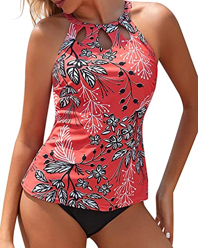 Book Cover Yonique Two Piece High Neck Tankini Swimsuits for Women Tummy Control Bathing Suits Floral Print Swimwear