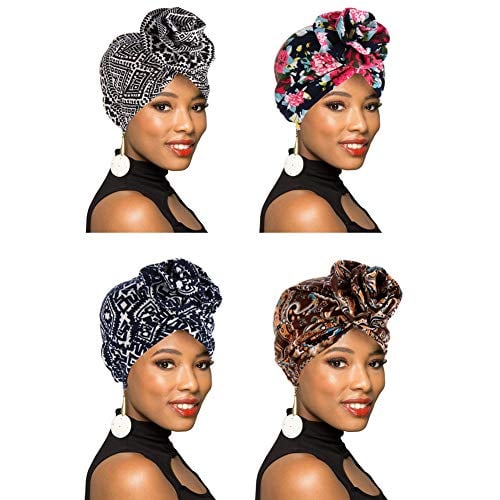 Book Cover 1Pack/2Packs Women Turban African Pattern Headwrap Beanie Pre-Tied Bonnet Chemo Cap Hair Loss Hat - - One Size
