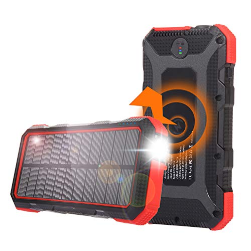 Book Cover Solar Charger Power Bank 25000mAh with Flashlight Sendowtek PD 18W Charging 7.5W/10W Wireless Portable Phone Charger 4 Output&2 Input Huge Capacity Backup Battery IP54 Rainproof for Camping Hiking
