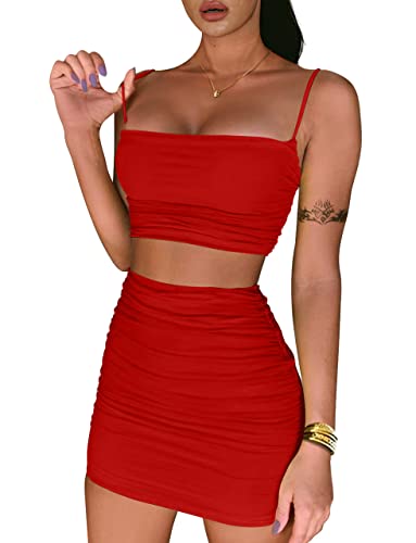 Book Cover BEAGIMEG Women's Ruched Cami Crop Top Bodycon Skirt 2 Piece Outfits Dress
