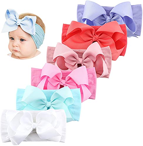 Book Cover Makone Handmade Nylon Headband with Bows Stretchy Pom Pom Bun 5.5 inch Big Hair Bow Headband for Infant Baby Girls-6PCS Light Bows