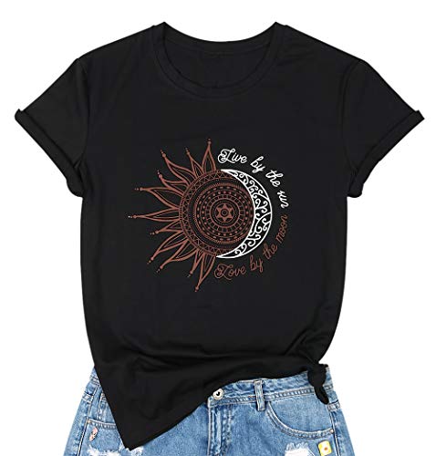 Book Cover TAOHONG Live by The Sun Love by The Moon Shirt Womens Cute Sun Moon Print Graphic T-Shirts Casual Short Sleeve Tee Tops