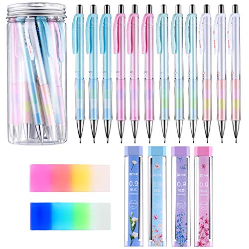 Book Cover Mechanical Pencil Set Assorted 12 Pieces Mechanical Pencils, 4 Tubes of Pencil Lead 0.9 mm Refills, 2 Pieces Erasers with Clear Plastic Bottle (Set 1)