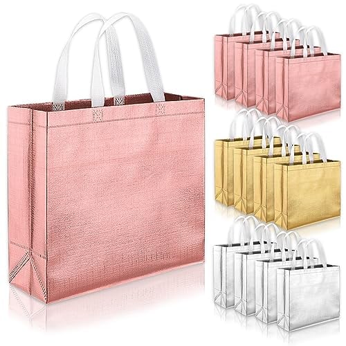 Book Cover Whaline Set of 12 Glossy Reusable Grocery Bag Tote Bag with Handle Non-woven Stylish Gift Bag for Bridal Shower Bachelorette Engagement Birthday Hoilday Parties (Rose gold, Gold, Silver)