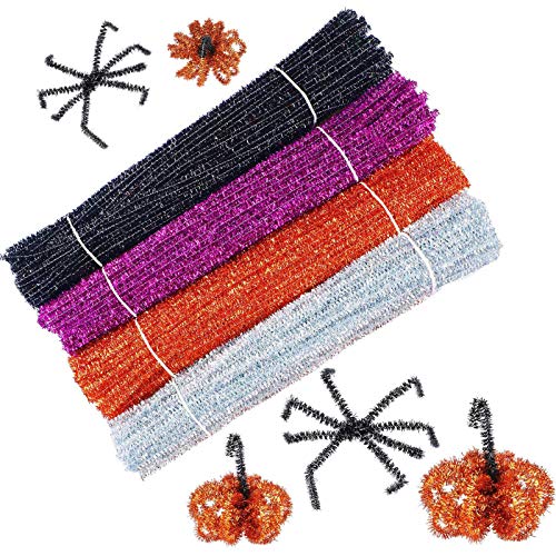 Book Cover 400 Pieces Halloween Pipe Cleaners Craft Pipe Cleaners Glitter Chenille Stems Creative Arts Chenille Stems for DIY Craft Halloween Thanksgiving Decoration, 12 Inches, Black, Purple, Bronze, Silver()
