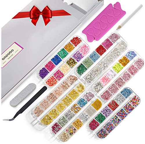 Book Cover 6 Boxes Nail Art Rhinestones, Gold Silver Nail Charms Diamonds Studs Rivets Nail Crystal Gems with 1pcs Wax Pen and 1pcs Curved Tweezer for Nail Art Decorations Supplies, Nail jewelry, Nail sequins