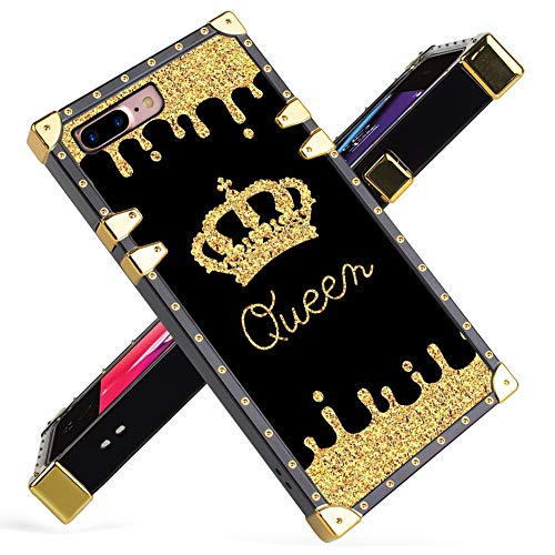 Book Cover Fiyart for iPhone 7 Plus, iPhone 8 Plus Case Luxury Queen Golden Crown Gold Glitter Square Soft TPU Wrapped Edges and Hard PC Back Stylish Classic Retro Case 5.5 inch