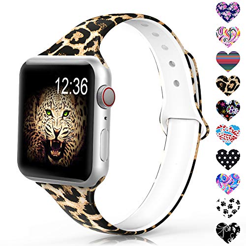Book Cover Sunnywoo Sport Band Compatible with Apple Watch 38mm 40mm 42mm 44mm, Narrow Soft Fadeless Floral Silicone Slim Thin Replacement Wristband for iWatch Series 4/3/2/1 Women Men