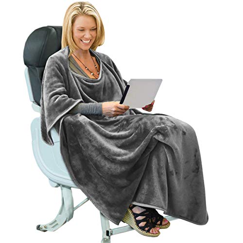 Book Cover Portable Travel Blanket Airplane Office 4 in 1 Premium Mink Fleece Poncho Blanket Folable with Pocket and Built-in Bag - Great for Airplane Car Train Travel Camping - Ultra Soft and Cozy, Grey