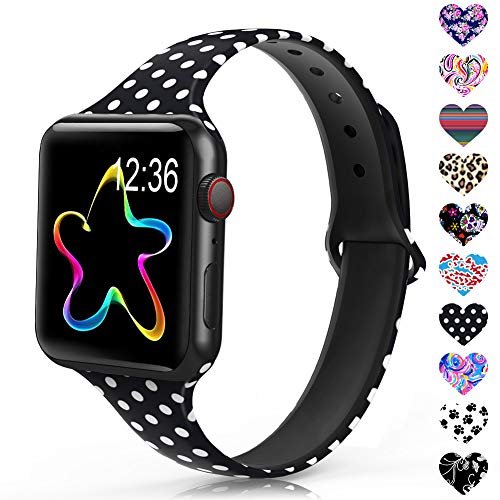 Book Cover Sunnywoo Sport Band Compatible with Apple Watch 38mm 40mm 42mm 44mm, Narrow Soft Fadeless Floral Silicone Slim Thin Replacement Wristband for iWatch Series 4/3/2/1 Women Men