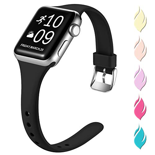 Book Cover Henva Slim Band Compatible with Apple Watch SE 40mm 38mm, Replacement Accessories Soft Band Wristbands with Stainless Steel Buckle for Apple/iWatch Series 6/5/4/3/2/1, Black, S/M