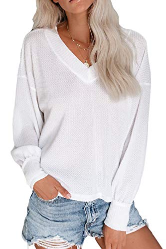 Book Cover ReachMe Women's Oversized Off Shoulder Pullover Tops Long Sleeve Loose Fit Waffle Knit Tops