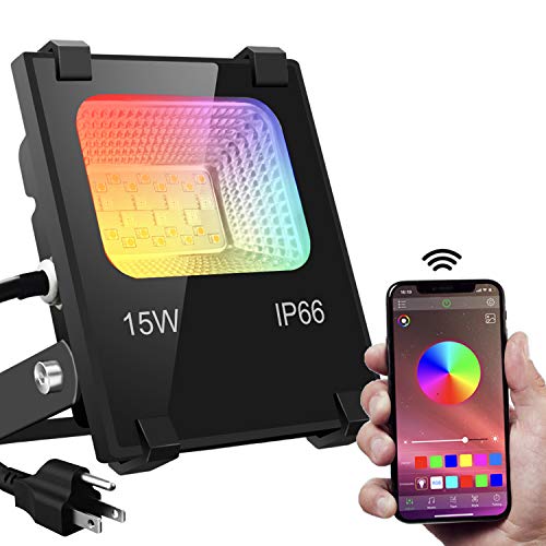 Book Cover LED Flood Lights RGB Color Changing 100W Equivalent Outdoor, 15W Bluetooth Smart RGB Floodlight APP Control, IP66 Waterproof, Timing, 2700K&16 Million Colors 20 Modes for Garden Stage Lighting