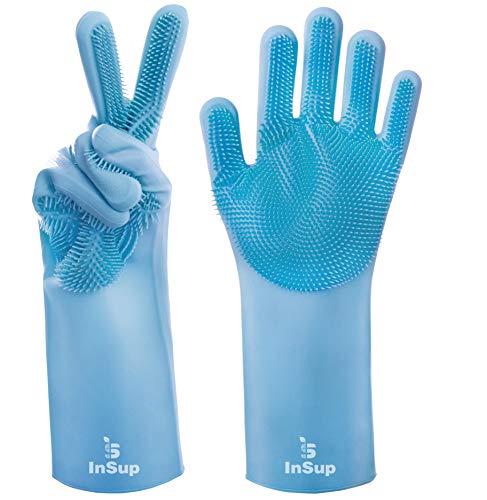 Book Cover INSUP Premium Dishwashing Gloves with Bristles - Magical Cleaning Gloves Washing Mitts with Scrubbers Best for Household and Multi Purpose Use - Scrub for Kitchen Gloves (Blue)