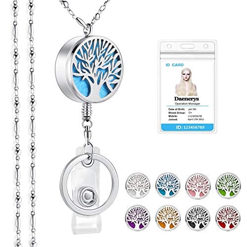 Book Cover Retractable Lanyards for Id Badges Keys Women Cute Employee Teacher Appreciation Gifts Beaded Lanyard Badge Holder Badge Reel Necklace Pretty Silver Nurse Graduation Essential Oil Tree of Life
