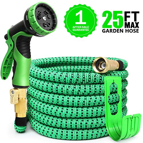 Book Cover EASYHOSE 25ft Expandable Water Garden Hose,Expanding Flexible Hose with Strength Stretch Fabric with Brass Connectors - 9 Way Spray Nozzle +12 Months Warranty