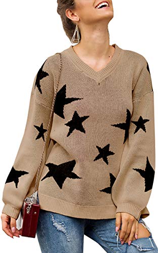 Book Cover ECOWISH Women Knit Sweaters Long Sleeves V Neck Pullover Loose Fit Fashion Stars Sweater
