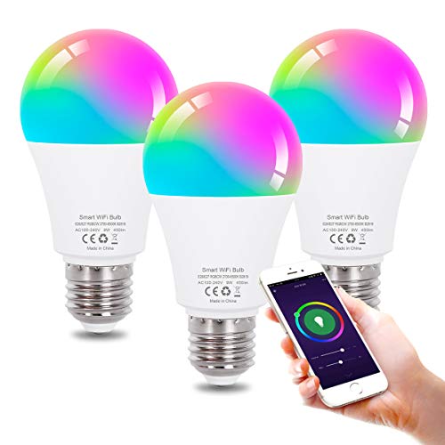 Book Cover Smart Light Bulbs Work with Google Home Alexa Echo and Siri, WiFi Color Changing LED Lights Bulbs Dimmable, A19 E26 9W Tunable White 2700-6500K, 80W Equivalent, No Hub Required, 3 Pack