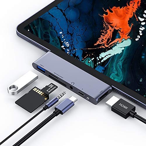 Book Cover USB C Hub for iPad Pro 2018, USB Type-C to 4K HDMI Adapter w/USB 3.0, SD/TF Card Reader, 3.5mm Headphone Jack, PD Charging (SpaceGray)