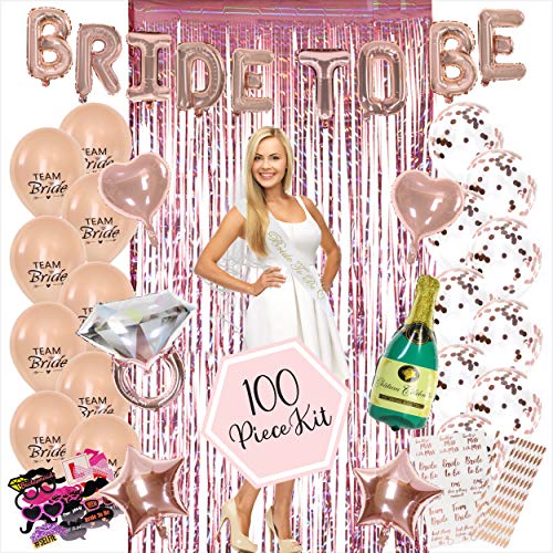 Book Cover 100PC Bachelorette Party Decorations Kit | Bridal Shower Decor Supplies | Rose Gold Paper Straws, Fringe Photo Booth Backdrop & Props, Bride To Be Sash, Veil, Temporary Tattoos, Confetti Balloons Pack