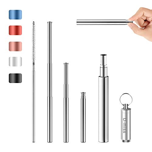 Book Cover Portable Reusable Drinking Straws - Telescopic Stainless Steel Metal Straw with Aluminum Case & Cleaning Brush