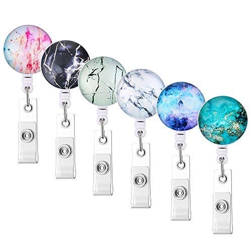 Book Cover Junejour 6Pcs Badge Holder Retractable Nurse Badge Holder Badge Reel Clip ID Protection Clip Marble Element Easy to Use Resistant