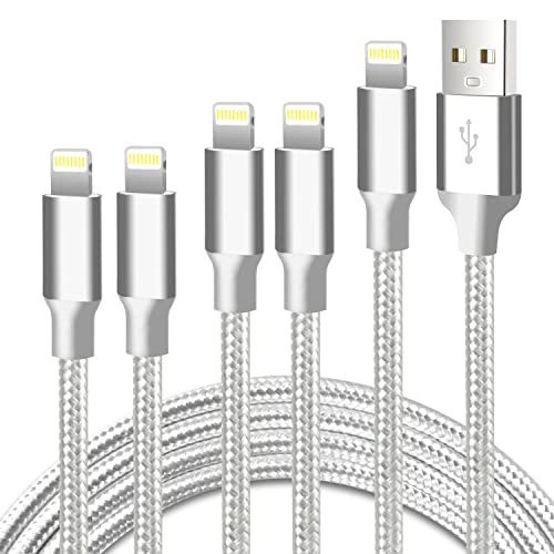 Book Cover cugunu iPhone Charger, 5 Pack 3/3/6/6/10FT Apple MFi Certified USB Lightning Cable Nylon Braided Fast Charging Cord Compatible for iPhone 14/13/12/11/X/Max/8/7/6/6S/5/SE/Plus/iPad - Silver
