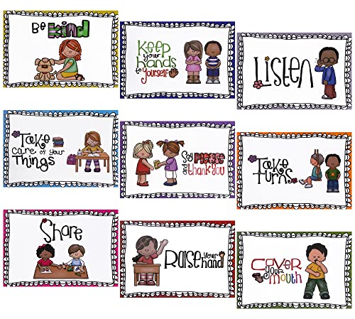 Book Cover Alpurple 9 Pcs A4 Classroom Rules Posters- Preschool Class Rules Poster- Classroom Rules Behavior Educational Posters, Good Habits Manners Chart for Preschool and Primary school Supplies