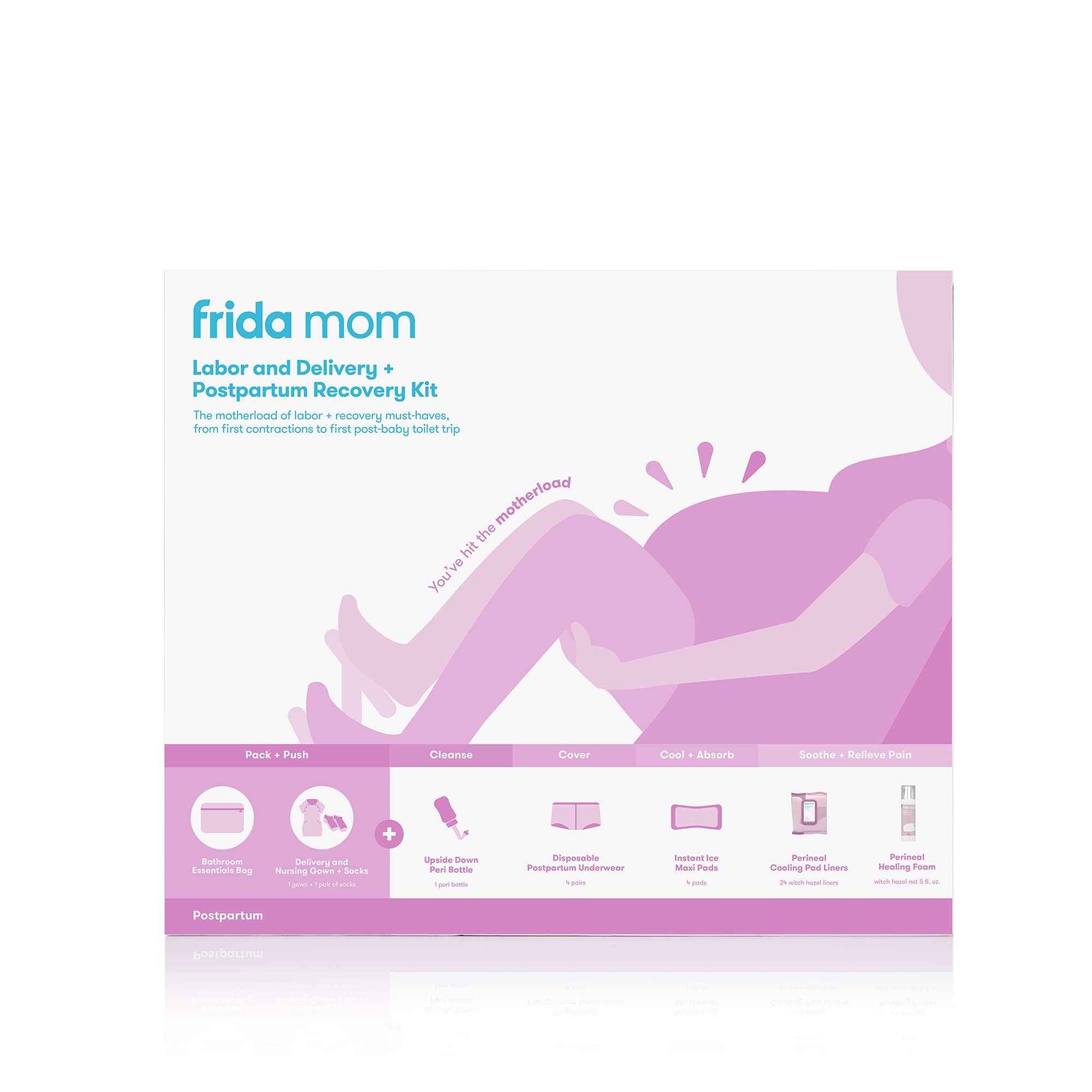 Book Cover Frida Mom Hospital Packing Kit for Labor, Delivery, & Postpartum | Nursing Gown, Socks, Peri Bottle, Disposable Underwear, Ice Maxi Pads, Pad Liners, Perineal Foam, Toiletry Bag, 15 Piece Set
