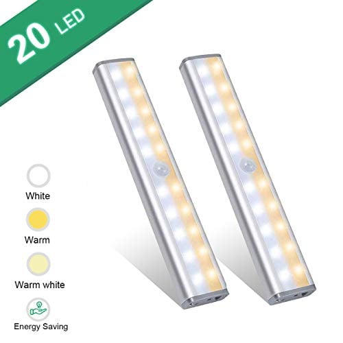 Book Cover Under Cabinet Lighting,Vikano 20 LED Motion Sensor Closet Light Rechargeable,3 Color Mode Wireless Battery Operated Lights Bar for Kitchen Stair Hallway Under Counter Lighting Stick on Lights (2 Pack)