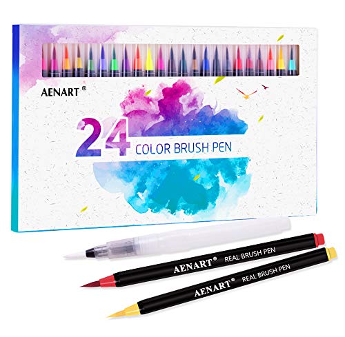 Book Cover Watercolor Real Brush Pens Set, 24 Vibrant Markers with 1 Refillable Water Brush Pen for Artists and Beginner, Flexible Brushes Tip for Calligraphy Lettering Coloring Hand Writing Sketching