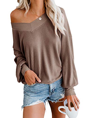 Book Cover Valphsio Womens Waffle Knit Blouse Loose V Neck Long Sleeves Off Shoulder Shirt Tops