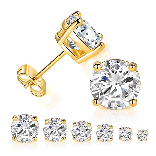 Book Cover 6 Pairs 14K Yellow Gold Plated Round Cut Clear Cubic Zirconia Stud Earring Pack
