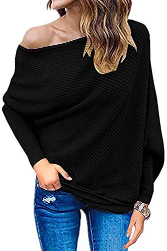 Book Cover Qearal Womens Off Shoulder Loose Pullover Shirt Batwing Sleeve Knit Jumper Oversized Tunic Tops