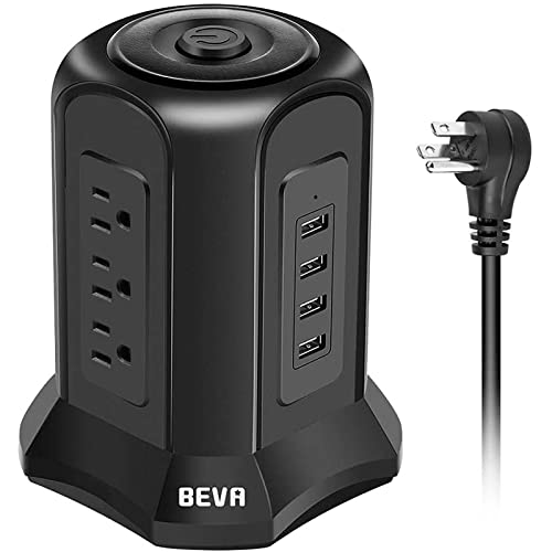 Book Cover Power Strip Tower Surge Protector BEVA 10ft Flat Plug Desktop Charging Station 9 AC Outlets 4 USB Ports, 900 Joules, Long Extension Cord for Home Office Appliances Smartphones Computer Tablets(Black)