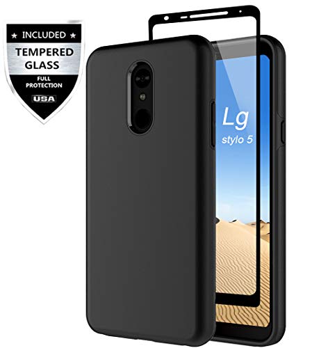 Book Cover Lg Stylo 5 Case with [9H Tempered Glass Screen Protector], Sunnyw Shockproof Anti-Scratch Hard PC Soft TPU Dual Layer Hybrid Armor Protective Case for Lg Stylo 5 (Black)