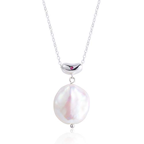 Book Cover Lancharmed 925 Sterling Silver Natural Baroque Freshwater Cultured Pearl Single Pearl Necklace Pendant with Red Cubic Zirconia Trendy Jewelry for Girls Women