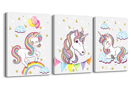 Book Cover Unicorn Wall Decor for Girls Bedroom Canvas Wall Art of White Unicorn Pink Balloon Rainbow Cute Picture Artwork Modern Framed Canvas Prints Painting for Kids Nursery Wall Decorations 3 Pieces a Set