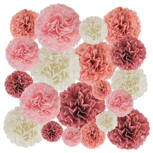 Book Cover EpiqueOne 20-Piece Paper Pom Poms Party Kit â€“ Tissue Pom Pom Decorations; Birthday Party Decorations - Bridal Shower - Bachelorette - Easy to Assemble and Install; Blush Pink, Dusty Rose, Mauve, Cream