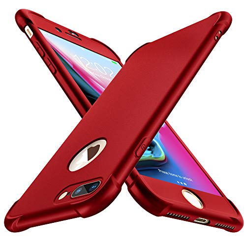 Book Cover ORETECH Designed for iPhone 8 Plus Case,iPhone 7 Plus Case with [2 x Tempered Glass Screen Protector] 360Â° Full Body Hard PC Silicone Case for iPhone 7 Plus iPhone 8 Plus Case 5.5inch -Red