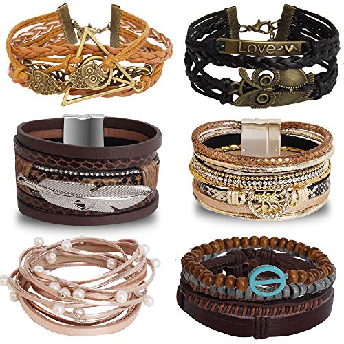 Book Cover Hicdaw 6PCS Braided Bracelets for Women Multi-Layer Leather Bracelet Women Jewelry Leather Cuff Bracelet Braided Wrap Bangle Handmade Jewelry with Bohemian Style