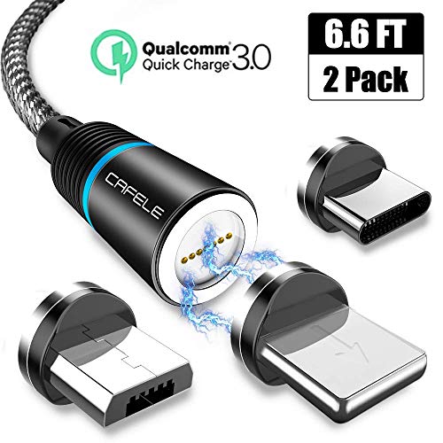 Book Cover Magnetic Charging Cable, CAFELE 2 Pack Nylon Braided USB 3.A Fast Charging Cord with LED Light, Universal 3 in 1 Magnet Phone Charger Compatible with Micro USB, Type C Devices - Black/6.6ft