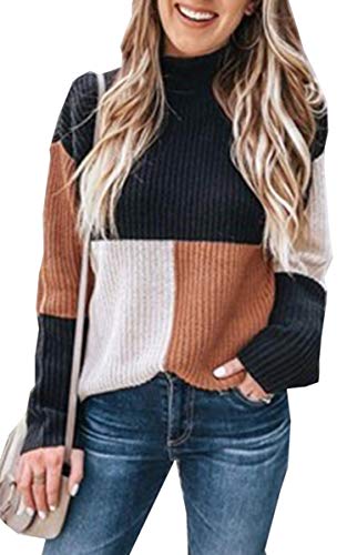 Book Cover Angashion Women Sweaters-Oversized Chunky Knit Color Block Drop Shoulder Batwing Sleeve Pullover Sweater Tops